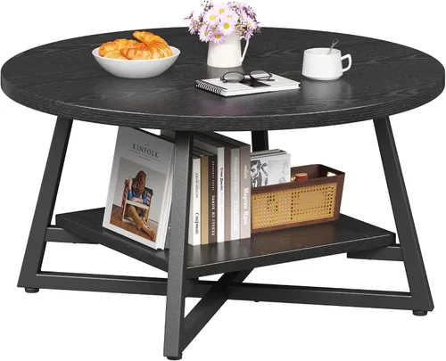 Miniatura 9 de Mesa de Café para Sala de Estar, Mesa de Café Redonda, Mesa de Café Pequeña Circular con Almacenamiento, Mesa Central Redonda Moderna de Madera