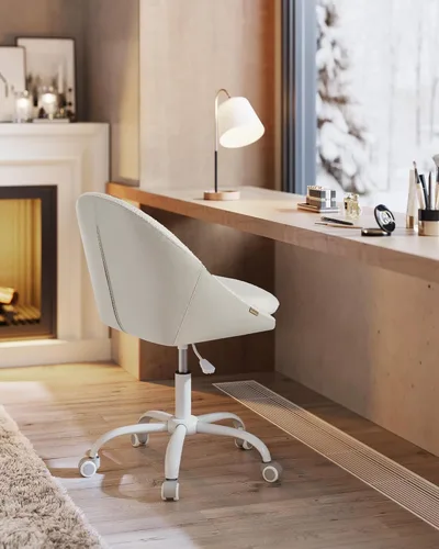 Miniatura 4 de VASAGLE Silla de tocador con respaldo, silla de escritorio giratoria ajustable y linda con ruedas, sherpa y cuero PU para soporte lumbar, compacta