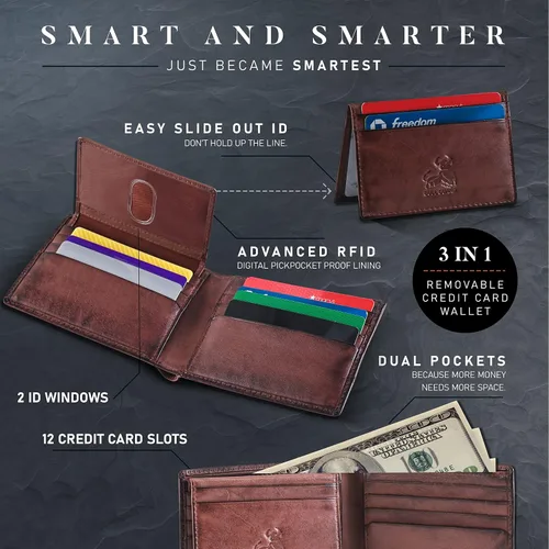 Miniatura 3 de BULL GUARD Cartera de cuero Rfid Los respetados caballeros plegables delgadas para hombres Bloqueo RFID seguro de viaje Cartera de cuero de grano