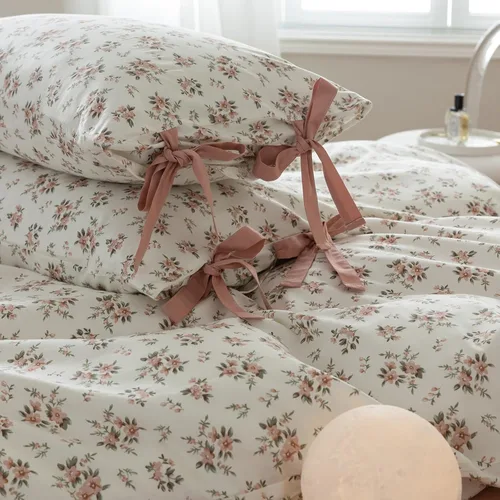 Fundas de almohada de flores rosadas, 2 piezas, fundas de almohada de cama florales con elegantes lazos, 100% algodón, fundas de almohada estándar