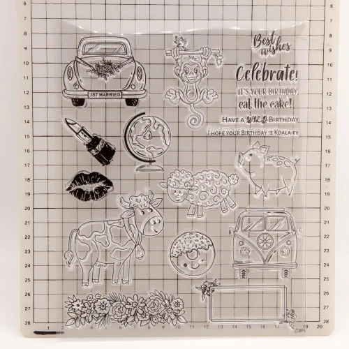 Miniatura 3 de Sellos transparentes de cumpleaños de animales salvajes para diarios de arte o hacer tarjetas, mono, cerdo, oveja, vaca, autobús, sellos de goma