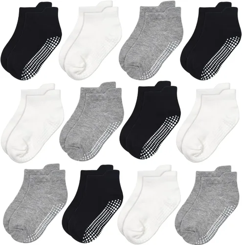 Miniatura 16 de GRPSKCOS - Calcetines antideslizantes para niños pequeños de 12 pares, calcetines antideslizantes para tobillos para niñas y niños, calcetines