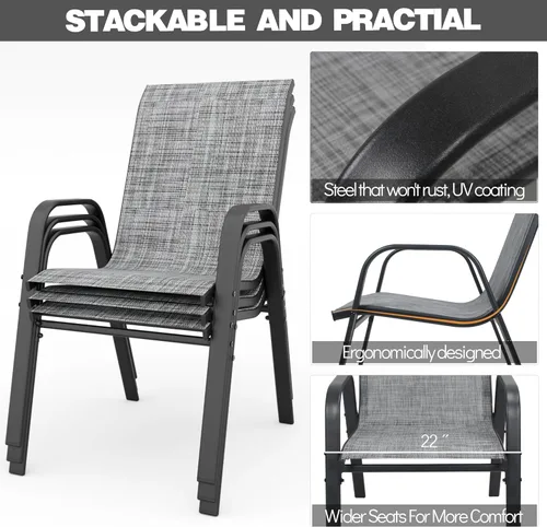 Miniatura 6 de Sillas de patio, sillas de comedor apilables para todo tipo de clima, tela de textileno y marco de metal, juego de sillas para exteriores para patio