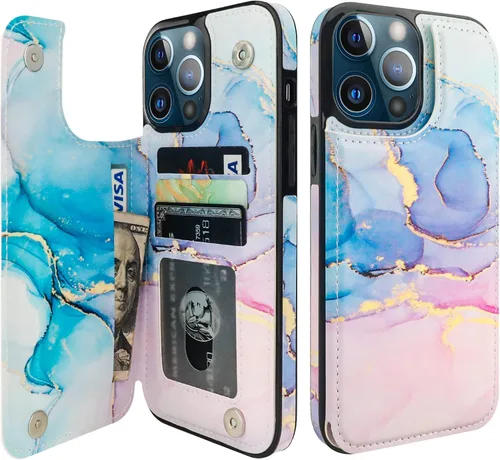 Miniatura 14 de HAOPINSH para iPhone 13 Estuche tipo cartera con tarjetero, patrón de leopardo blanco y guepardo, funda con tapa trasera para mujer y niña, ranuras