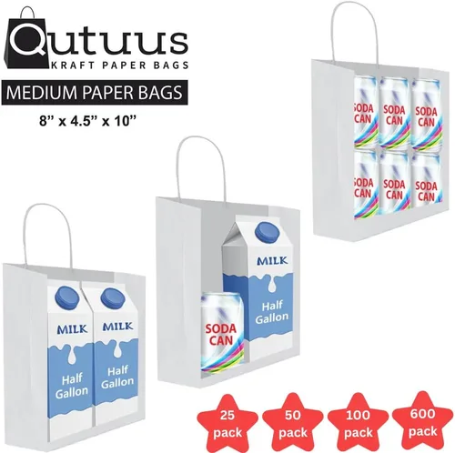 Miniatura 3 de Qutuus Bolsas de papel blanco con asas a granel, 100 bolsas de regalo blancas de 8 x 4.5 x 10 pulgadas, bolsas de papel kraft reciclables, bolsas