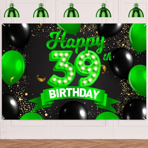 Miniatura 82 de Cartel de feliz cumpleaños 26 verde y negro, telón de fondo con texto en inglés "Cheers to 26 years old confeti", globos de confeti, decoración