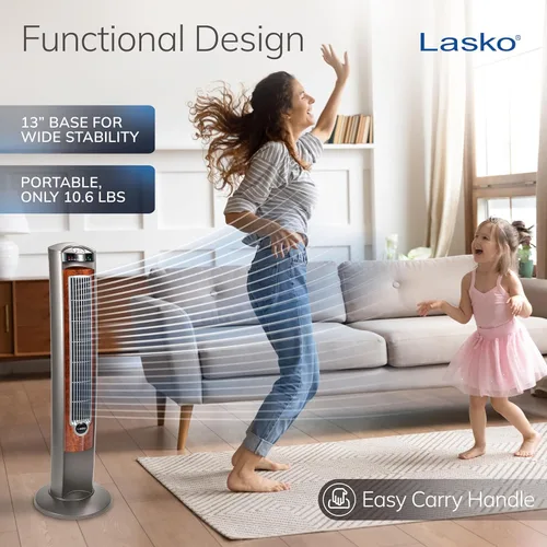 Miniatura 4 de Lasko Ventilador de torre oscilante con control remoto, ventiladores de piso silenciosos para dormitorio, 42 pulgadas, grano de madera y gris, T42954