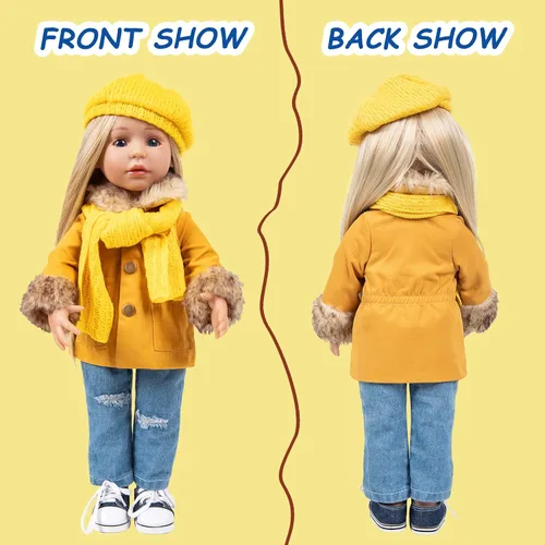 Miniatura 5 de Rakki Dolli Conjunto de Ropa para Muñeca de 18 Pulgadas de 5 Piezas, Conjunto de Abrigo de Invierno Color Mostaza de Moda, Incluye Abrigo Abrigado
