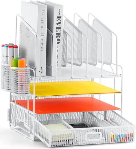 Miniatura 11 de Marbrasse Organizador de escritorio con cajón, organizador de archivos de malla de 4 niveles con 5 soportes verticales para archivos y 2 soportes