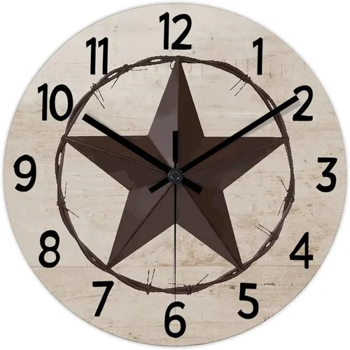 Miniatura 8 de Reloj de pared rústico de estilo retro clásico con estrella de Texas occidental, reloj de madera, silencioso, sin tictac, funciona