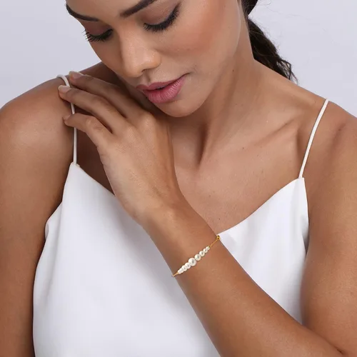 Miniatura 2 de LeCalla Flaunt Pulsera bolo deslizante de plata de ley 925, con perlas de imitación, dos hebras elásticas para mujer, Plata de ley, Perla