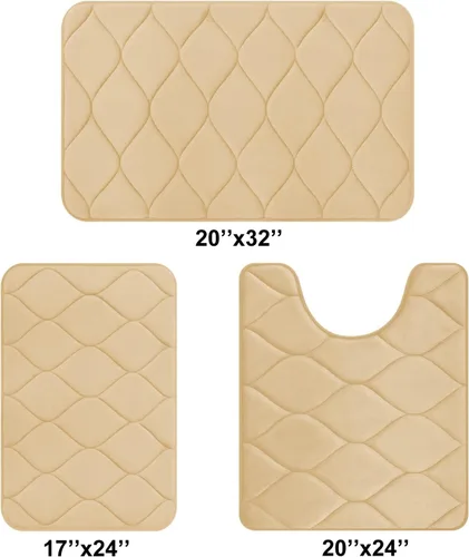 Miniatura 8 de Colorxy Alfombras de baño de espuma viscoelástica, absorbentes de agua, supersuaves, antideslizantes, lavables, diseño de Ogee, juego de 3, Beige