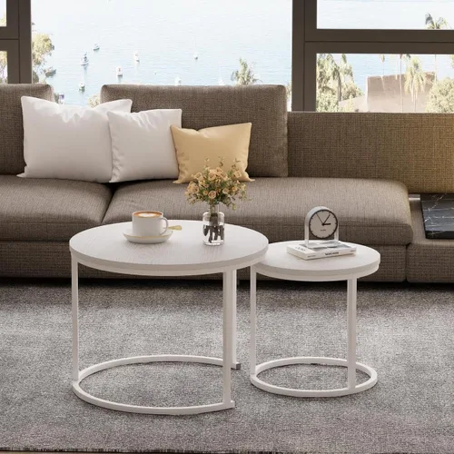 Miniatura 3 de Garden 4 you Mesa de Centro Anidable, Juego de Mesa de Centro Redonda de 23.6", Juego de 2 Mesas Anidables de Madera con Marco de Metal, Mesas Blanco