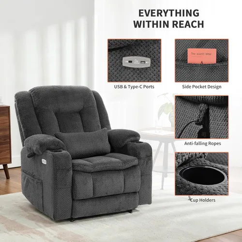 Miniatura 6 de EONIX Sillón reclinable Lay Flat Power Lift con calor y masaje, silla eléctrica de elevación de doble motor para ancianos para recuperación Gris