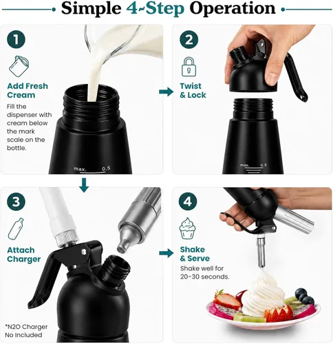 Miniatura 4 de Dispensador profesional de crema batida, recipiente de aluminio de 16.9 fl oz con 2 juegos de puntas de acero inoxidable y plástico, cepillo de Negro