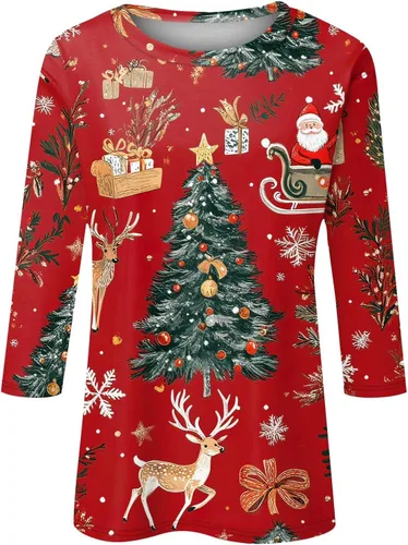 Miniatura 70 de Camisetas de manga 3/4 para mujer, cuello redondo, holgadas, casuales, con estampado floral, camisetas de moda para el trabajo de negocios