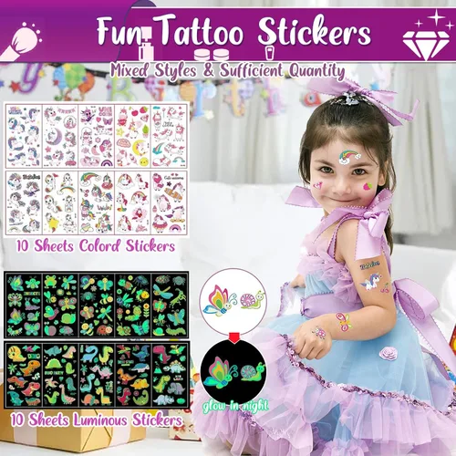 Miniatura 3 de TEUVO Kit de tatuaje con purpurina para niños con 25 colores, 225 plantillas, 6 bolígrafos, 2 hojas de diamantes de imitación, 5 pinceles, 3
