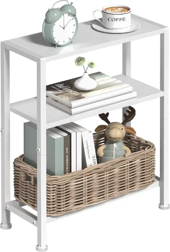 Miniatura 12 de Mesa auxiliar estrecha para espacios pequeños, mesa auxiliar pequeña de 2 niveles con soporte para estantes, mesita de noche delgada, mesa de sofá