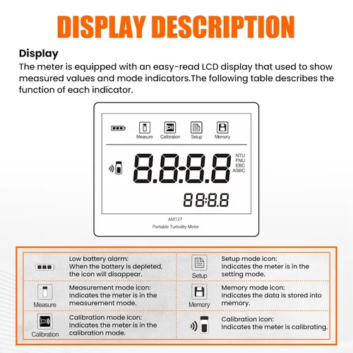 Miniatura 2 de Medidor de turbidez digital con rangos (0 ~ 1100 NTU/FNU, 0 ~ 275 EBC, 0 ~ 9999 ASBC) Probador de turbidez de mano con modos simples y continuos