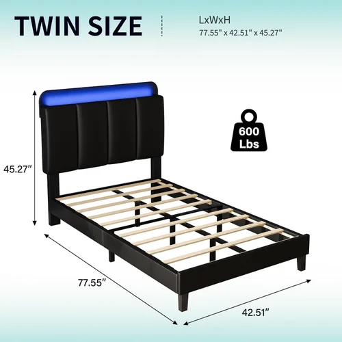 Miniatura 2 de BarnFurin Base de cama individual con luces LED, plataforma tapizada con cabecera de almacenamiento, marco de cama individual, sin ruido,