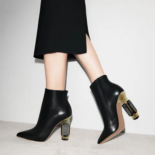 Miniatura 82 de FSJ Botas de tacón alto con punta puntiaguda para mujer, con tacón alto, con cremallera lateral brillante, estilo casual, para uso diario, zapatos