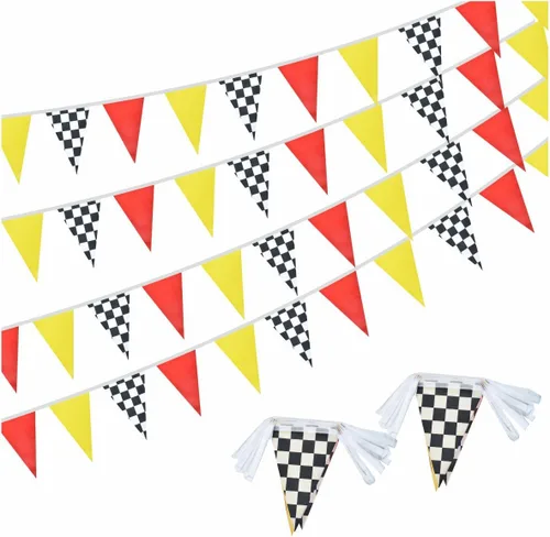 Paquete de 2 banderas de banderines rojos, amarillos y a cuadros, decoraciones para fiestas de cumpleaños de coches de carreras, 66 pies, 60 unidades