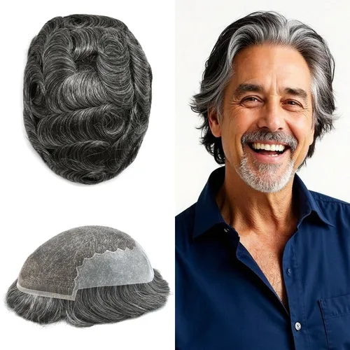Miniatura 83 de Toupee para hombres pieza de pelo suave suizo encaje real sistema de cabello humano reemplazo blanqueado nudo mens tupé sistema de pelo para hombres