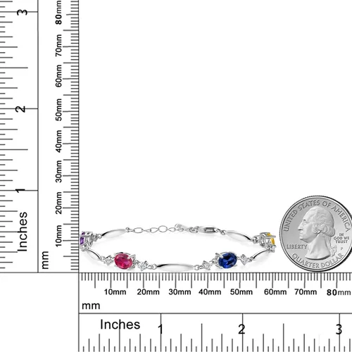 Miniatura 4 de Gem Stone King Pulsera de plata de ley 925 personalizada y personalizada con piedra natal de 4 piedras preciosas y diamantes blancos cultivados