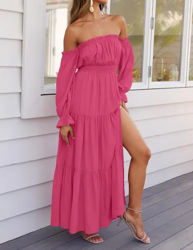 Miniatura 7 de ZESICA - Vestido largo, bohemio y sexy, con hombros descubiertos y manga larga fruncida, con elástico fruncido, cintura alta y abertura lateral