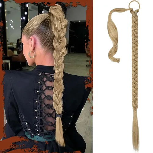 Miniatura 16 de Sofeiyan Extensión de cola de caballo de trenza larga con banda para el cabello, lacio, elegante, envolvente, extensiones de cabello trenzado, cola