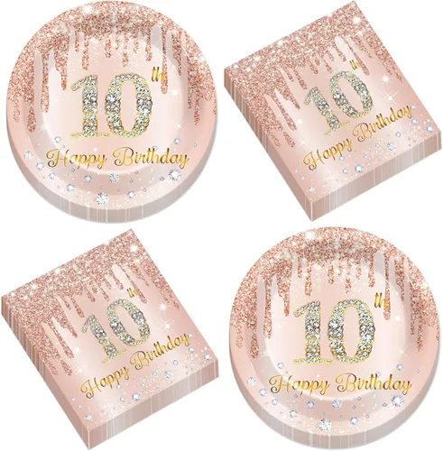 50 piezas de platos y servilletas de papel para fiesta de cumpleaños de 10 años de oro rosa para niñas, 7 pulgadas de oro rosa, decoraciones de mesa