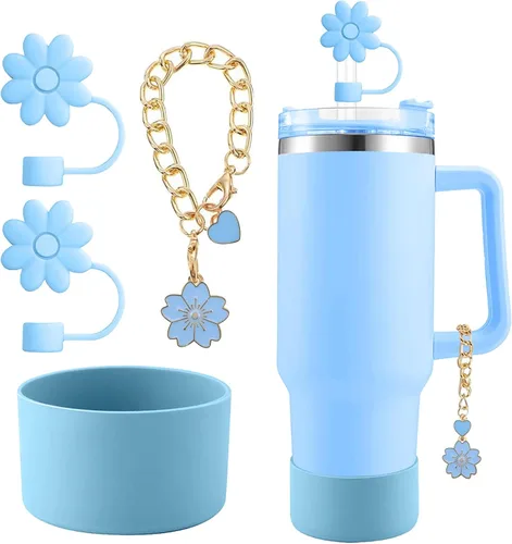 Miniatura 16 de Accesorios para juego de tazas Stanley, 2 tapas de paja de flores reutilizables de 0.394 pulgadas (0.394 in), 1 dije de mango lindo y 1 funda