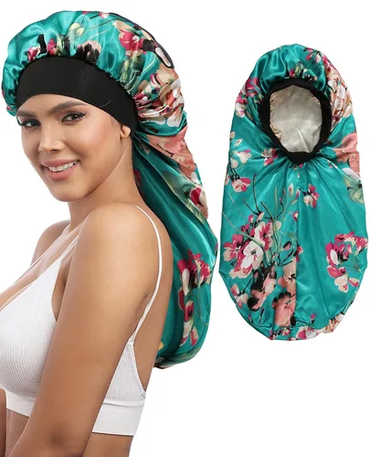 Miniatura 11 de AWAYTR Gorro largo de satén para mujer, gorro de seda de 2 capas para trenzas, gorro de dormir elástico con gorro de noche de banda ancha (negro)