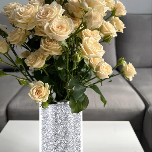 Miniatura 3 de Jarrón de cristal de cristal, 10 pulgadas de alto, lujoso jarrón de flores grandes de diamante triturado plateado, para decoración del hogar, sala
