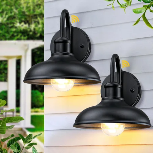 Lámparas exteriores con cuello de cisne del atardecer al amanecer, paquete de 2 luces de granero para porche, aplique de pared exterior industrial