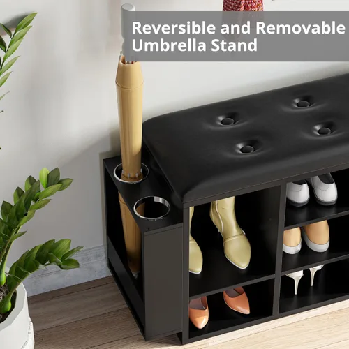 Miniatura 5 de IRONCK Banco para Zapatos, Banco de Entrada con Diez Compartimentos de Almacenamiento con Cuero PU, Organizador de Zapatero Cúbico con Estantes Negro