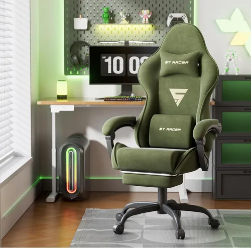 Miniatura 2 de Huracan Silla de juegos de tela de terciopelo con reposapiés para adultos, sillas ergonómicas para juegos con base de masaje, silla reclinable