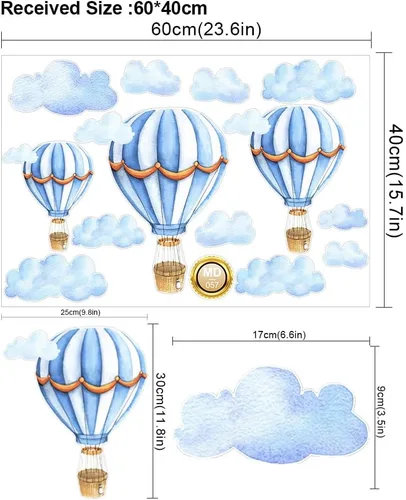Miniatura 5 de Calcomanías de pared extraíbles para globos de aire caliente grandes, calcomanías de vinilo de nubes azules, autoadhesivos, murales artísticos