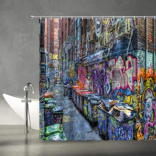 Cortina de ducha de graffiti colorida, diseño abstracto desordenado, hip hop, graffiti callejero en la pared, estilo grunge, juego de decoración de
