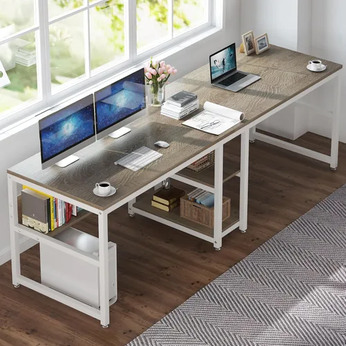 Miniatura 8 de Tribesigns Escritorio para Dos Personas con Estantería, Escritorio Doble de Oficina y Computadora de 78.7 Pulgadas para Dos Personas, Mesa Rústica