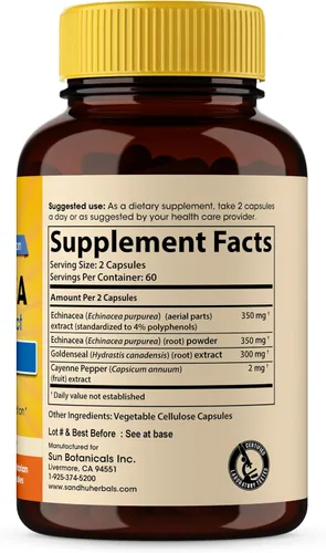 Miniatura 2 de SANDHUHERBALS Echinacea Goldenseal 1000 mg 120 cápsulas Apoyo del sistema inmunológico Respuesta respiratoria Suplemento de respuesta inflamatoria