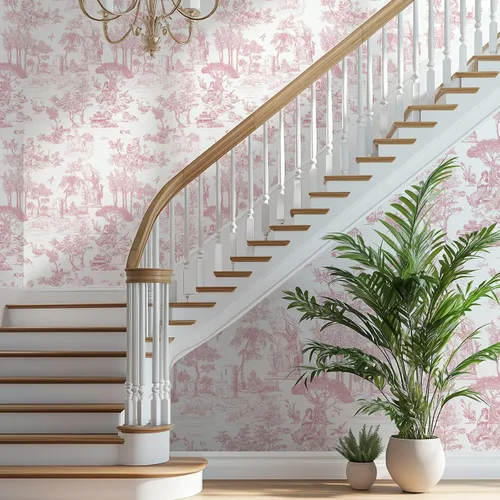 Miniatura 2 de WENMER Papel Tapiz Toile, 17.7" X 118" Rosa y Blanco Despegar y Pegar Papel de Pared, Papel Tapiz Toile de Jouy, Papel de Contacto Vintage Francés