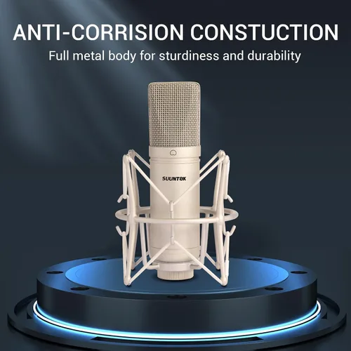 Miniatura 3 de SUUNTOK Micrófono de condensador XLR, Kit de micrófono cardioide profesional de diafragma grande con montaje de choque, para estudio, transmisión