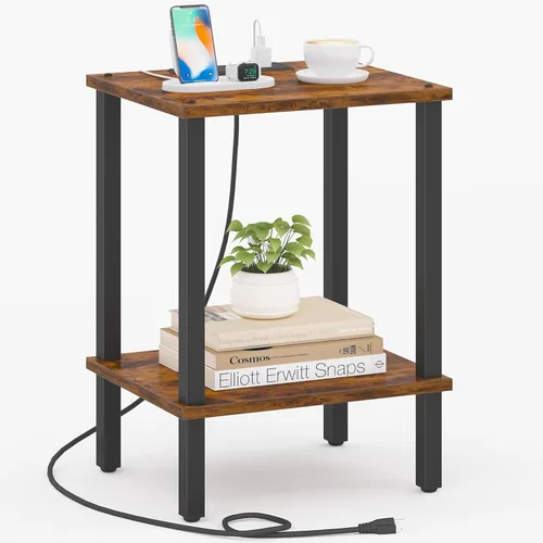 Miniatura 24 de TUTOTAK Mesa auxiliar con estación de carga, pequeña mesa auxiliar con tomas de corriente, mesita de noche, mesa de cabecera, estante de Gris beige