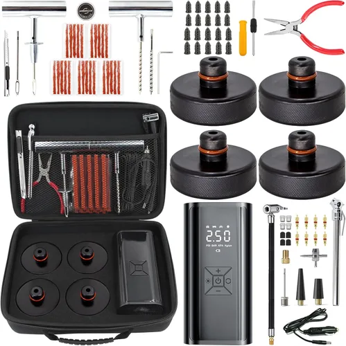 4 almohadillas de elevación para Tesla Model 3/Y/S/X con kit de reparación de neumáticos y bomba de inflado digital de neumáticos, compresor de
