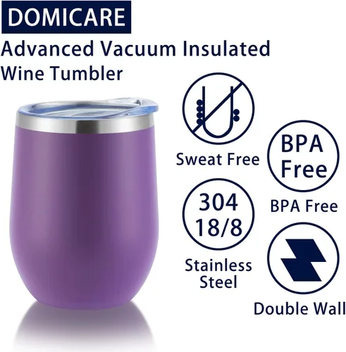 Miniatura 7 de DOMICARE - Vaso de vino de 12 onzas con tapa, hecho de acero inoxidable con aislamiento al vacío de doble pared, paquete de 1 unidad, color morado