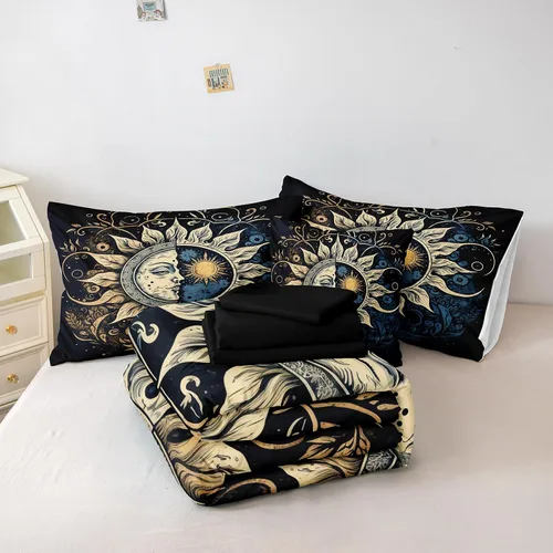 Miniatura 7 de Juego de edredón de sol y luna negro, juego de ropa de cama boho, ropa de cama de galaxia celestial y espacio estrellado, edredón mandala exótico