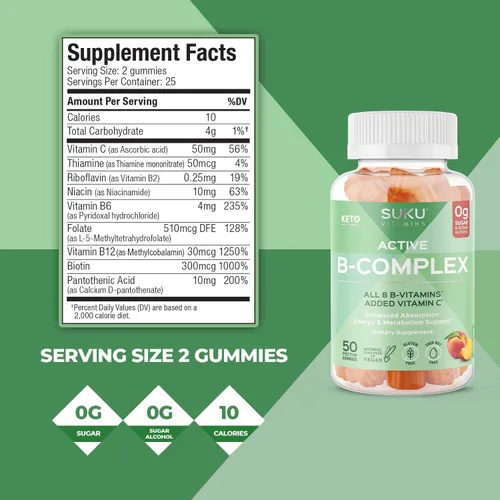 Miniatura 4 de SUKU - Gomitas de complejo de vitamina B con vitamina C – Suplemento de gomitas de complejo vegano de 8 vitaminas B sin azúcar aumenta el desarrollo