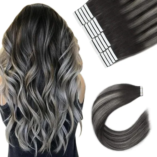 Sixstarhair Extensiones de cabello humano con cinta adhesiva, balayage, color negro a plateado con cinta negra, 20 unidades, 1.76 onzas, extensiones