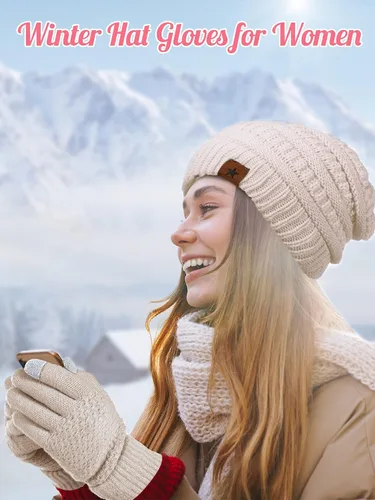 Miniatura 5 de Juego de 6 guantes de invierno, 3 sombreros de punto de invierno y 3 pares de guantes cálidos para pantalla táctil para mujeres y hombres al aire